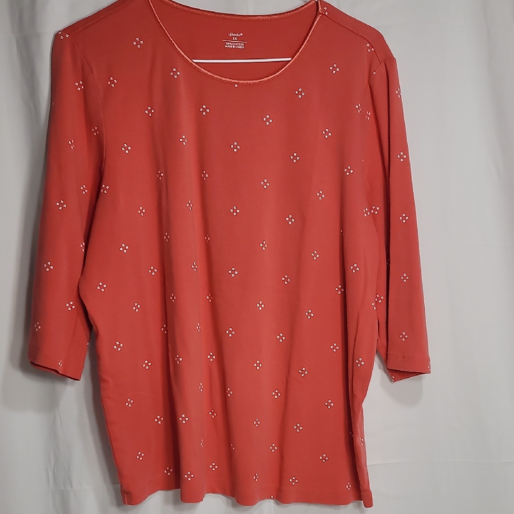 CJ Banks Orange Blouse with Crew Neck and 3/4 Sleeves
